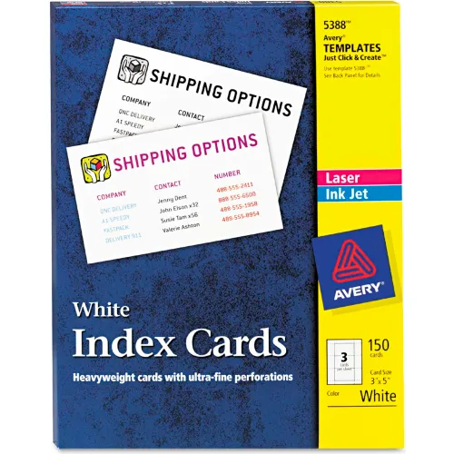 Avery® 150 Printable Index Cards with Sure Feed, Inkjet/Laser, 3 Cards/Sheet, 50 Sheets/Box