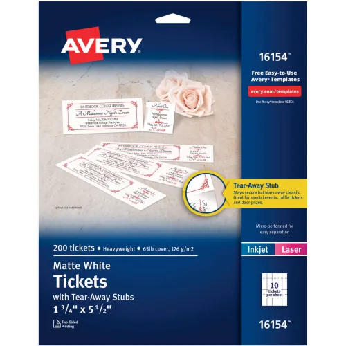 Avery® Printable Tickets w/Tear-Away Stubs, 8.5" x 11", White, 10 Tickets/Sheet, 20 Sheets/PK