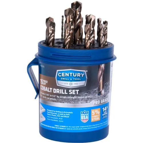 Century Drill 26115 - Cobalt Drill Bit 15 Piece Set - 135° - 1/16" to 1/2" by 32nds