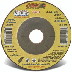 CGW 45218 | 4-1/2" Diameter x 7/8"- Hole x 3/32" Thickness 36 Grit Coarse Grade Aluminum Oxide Type 27 Depressed Center Wheel