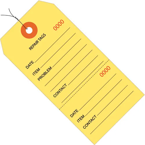 Global Industrial™ Consecutively Repair Tag, Pre Wired#8 6-1/4"L x 3-1/8"W, Yellow, 1000/Pk