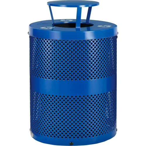 Global Industrial™ Outdoor Perforated Steel Recycling Can w/Rain Bonnet Lid, 36 Gallon, Blue
