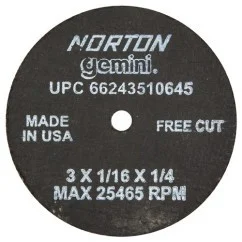 Norton 66243510645 | 3" Diameter x 1/4" Hole x 1/16" Thickness 25465 RPM 36 Grit Reinforced Aluminum Oxide Type 1 Cutoff Wheel