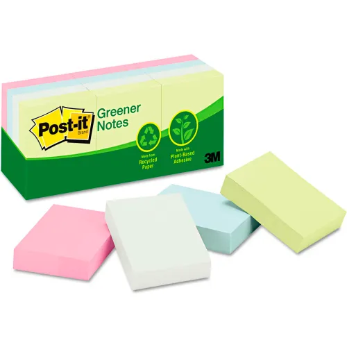 Post-it® Greener Notes Recycled Notes 653RPA, 1-1/2" x 2", Sunwashed Pier, 100 Sheets, 12/Pack