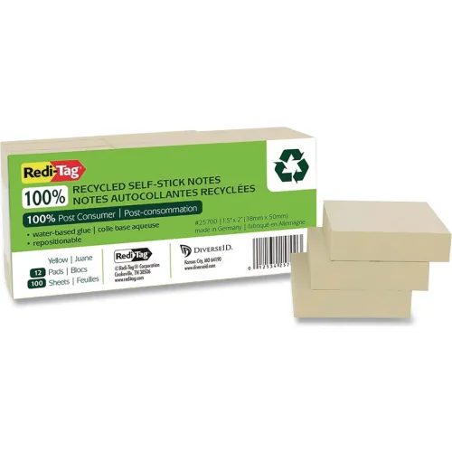 Redi-Tag® 1 Recycled Notes 25700, 1-1/2" x 2", Yellow, 100 Sheets, 12/Pack