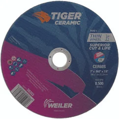 Weiler 58303 | 7" Diameter x 7/8" Hole x 3/64" Thickness 8500 RPM 60 Grit Ceramic Type 1 Cutoff Wheel